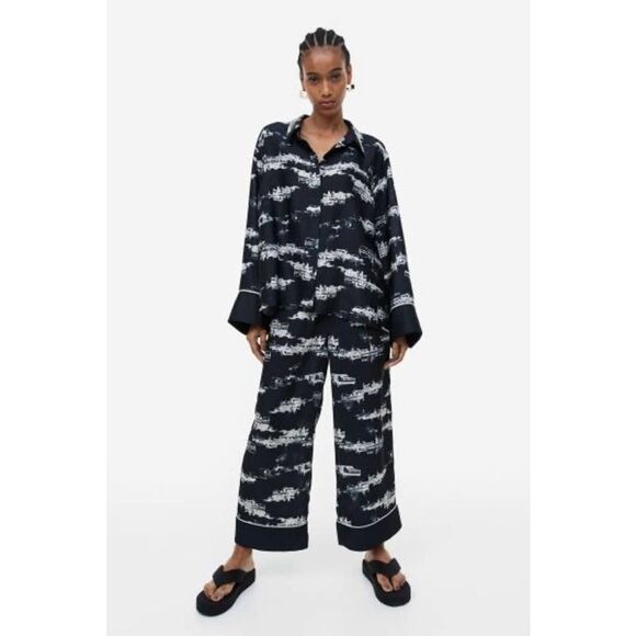 H&M EUC Patterned Satin Effect Set Shirt Pants Pajama Printed Navy White Size S - Picture 1 of 12